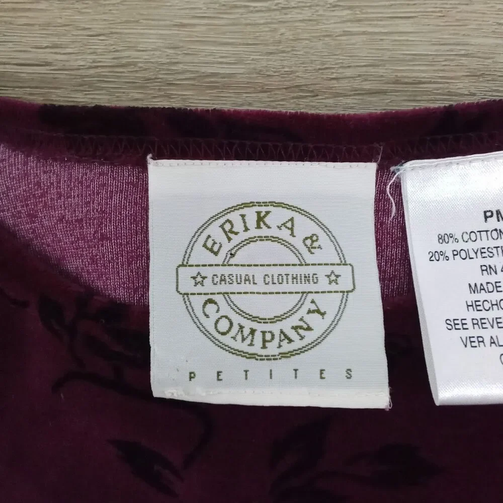 Erika & Company Blouse Women Size PM Burgundy Black Floral Faux Velvet Top